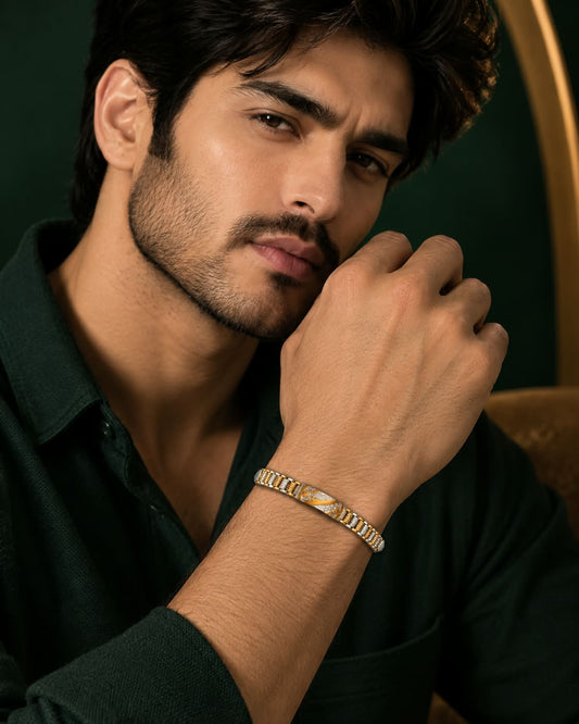 Menās Premium Gold & German Silver Bracelet with Intricate Centre Design, Detailed Link Pattern and Elegant Metallic Finish
