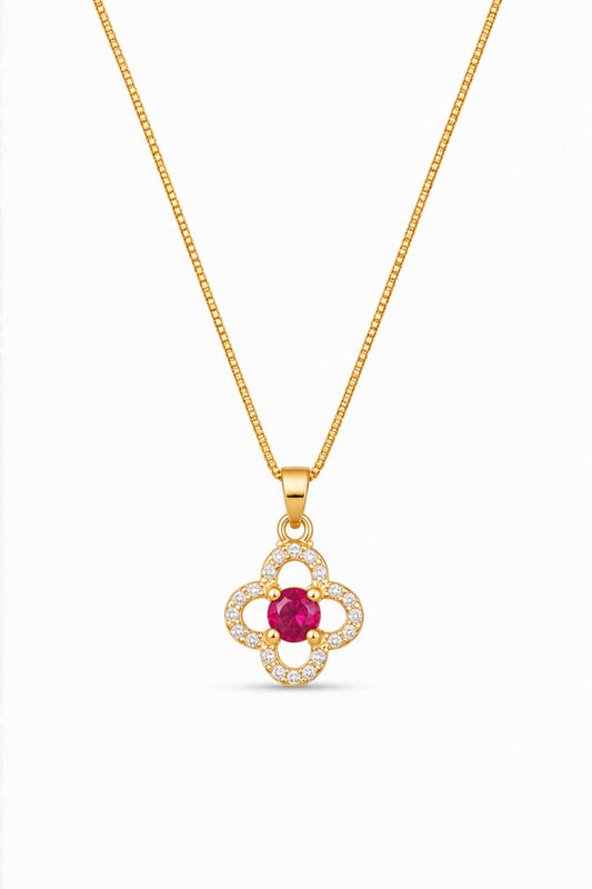 Elegant Floral Ruby Pendant Necklace for Women – Premium Gold Finish with Sparkling Stones