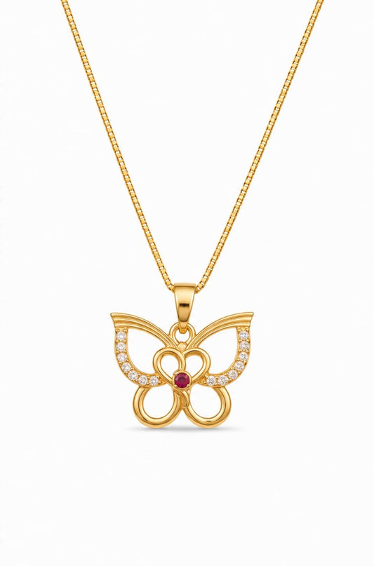 Elegant Butterfly Pendant Necklace for Women – Premium Gold Finish with Sparkling Stones & Red Accent