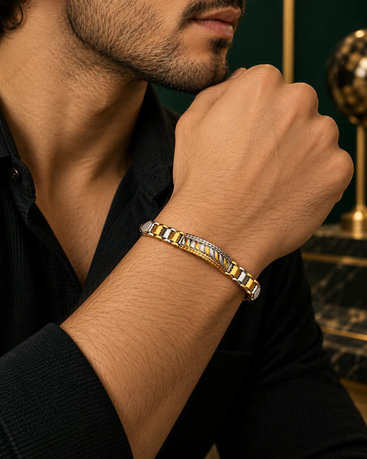 Menās Premium Gold & German Silver Bracelet with Textured Centre Design, Detailed Link Pattern and Polished Metallic Finish