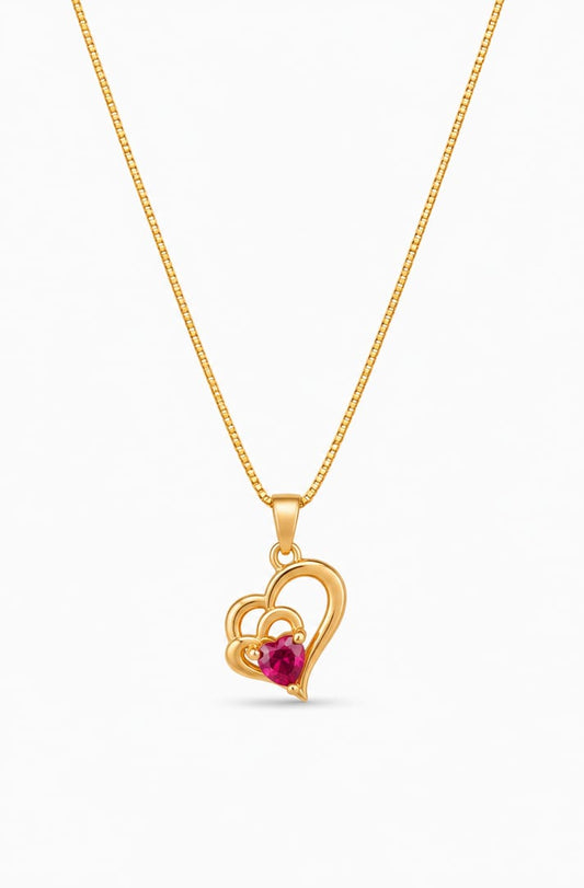 Elegant Double Heart Ruby Pendant Necklace for Women – Premium Gold Finish Designer Jewellery