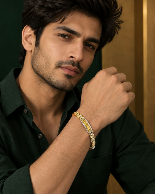 Menās Premium Gold-Tone & German Silver Designer Bracelet ā Stylish Textured Link Bracelet with Elegant Statement Detailing
