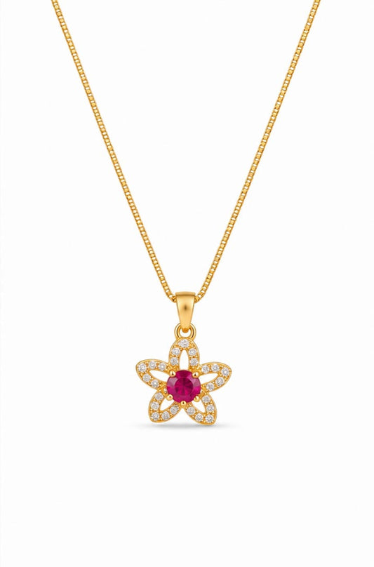 Elegant Floral Ruby Pendant Necklace for Women – Premium Gold Finish with Sparkling Stones