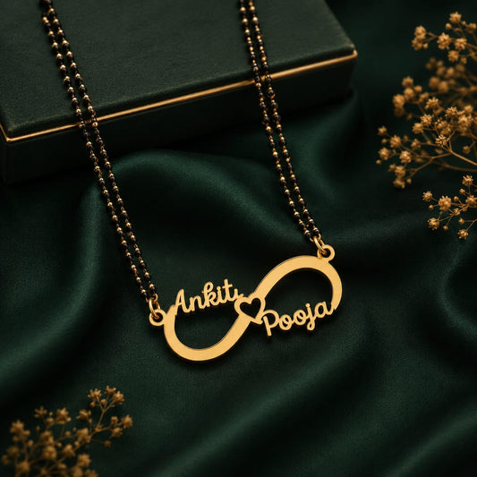 Gold-Tone Personalized Heart Pendant Double-Strand Black Bead Mangalsutra Necklace for Women
