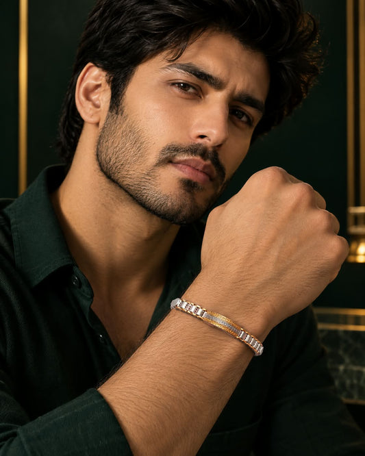 Menās Premium German Silver & Gold Bracelet with Textured Centre Panel, Detailed Link Pattern and Elegant Metallic Finish