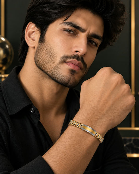 Menās Premium Gold & German Silver Bracelet with Geometric Centre Bar, Intricate X-Pattern Links and Dual-Tone Finish