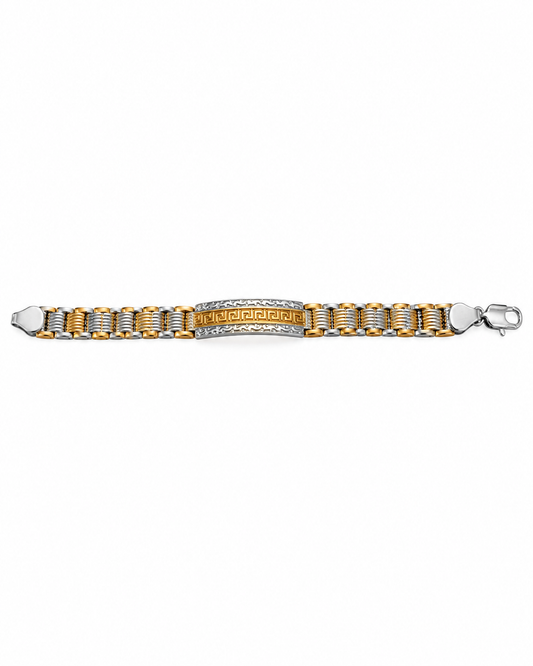 Men’s Premium Two-Tone Gold & German Silver Bracelet with Geometric Centerpiece, Link Chain Design and Statement Finish