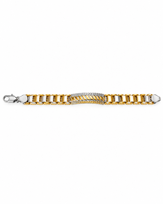 Men’s Premium Gold & German Silver Bracelet with Textured Centre Design, Detailed Link Pattern and Polished Metallic Finish