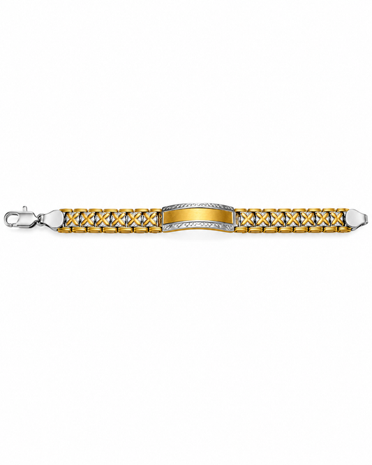 Men’s Premium Gold & German Silver Bracelet with Geometric Centre Bar, Intricate X-Pattern Links and Dual-Tone Finish