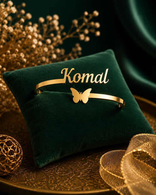 Customized Butterfly Name Bracelet Personalized Gold Plated Open Kada For Women Customizable Unique Gift